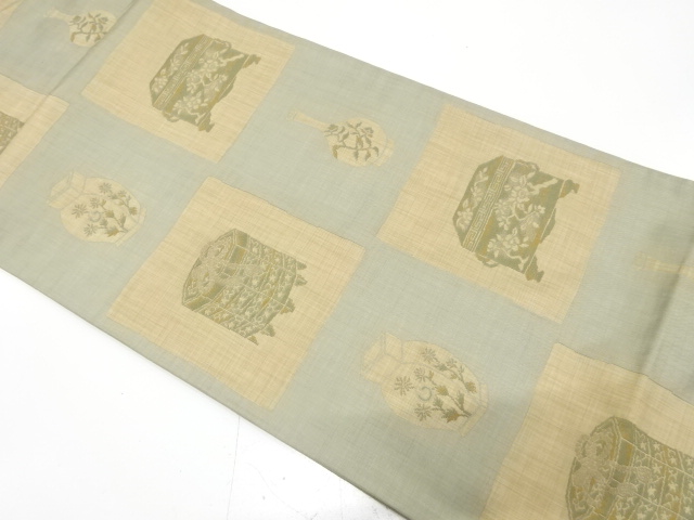 JAPANESE KIMONO / FUKURO OBI / SILK / WOVEN SQUARES & BUCKET & VASE